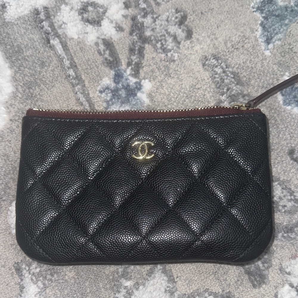 CHANEL Black Quilted Zipper Wallet with Gold Accent